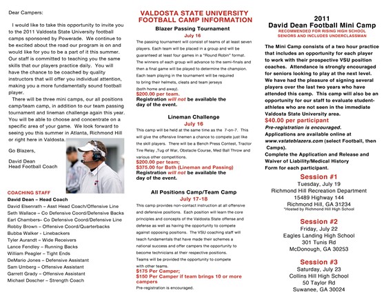 Valdosta Football Camp Brochure 2011: Front
